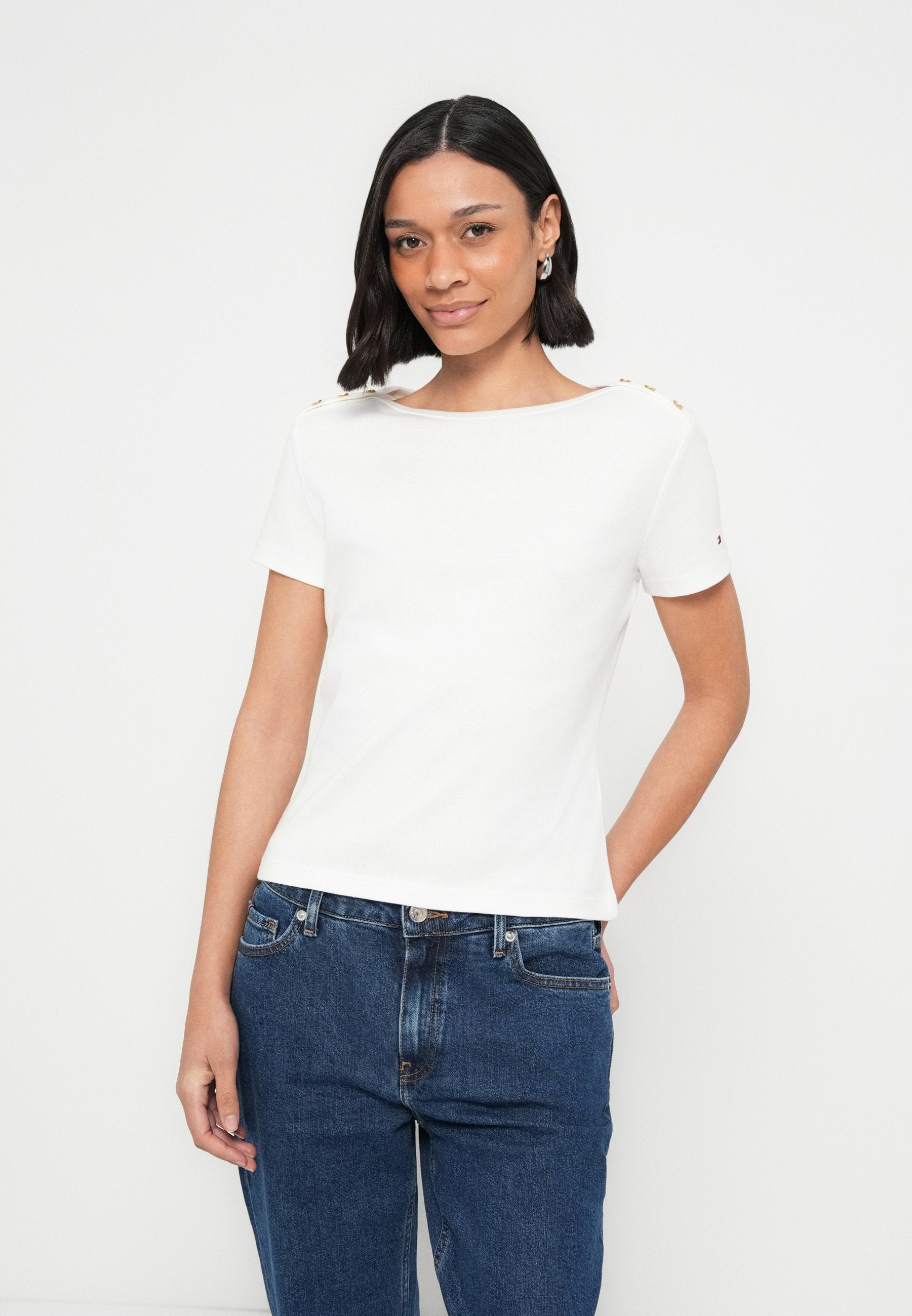 GOLD-TONE BUTTON SLIM BOAT NECK T-SHIRT - Print T-shirt - ecru