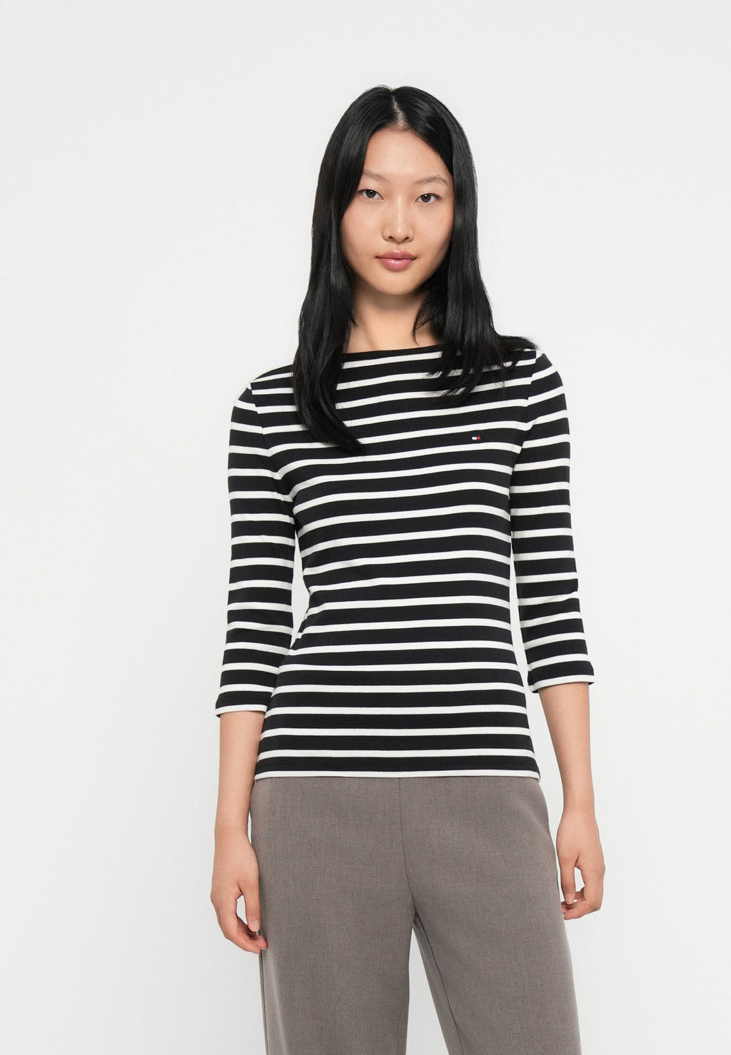 BOAT NECK THREE-QUARTER SLEEVE T-SHIRT - Long sleeved top - black/ecru