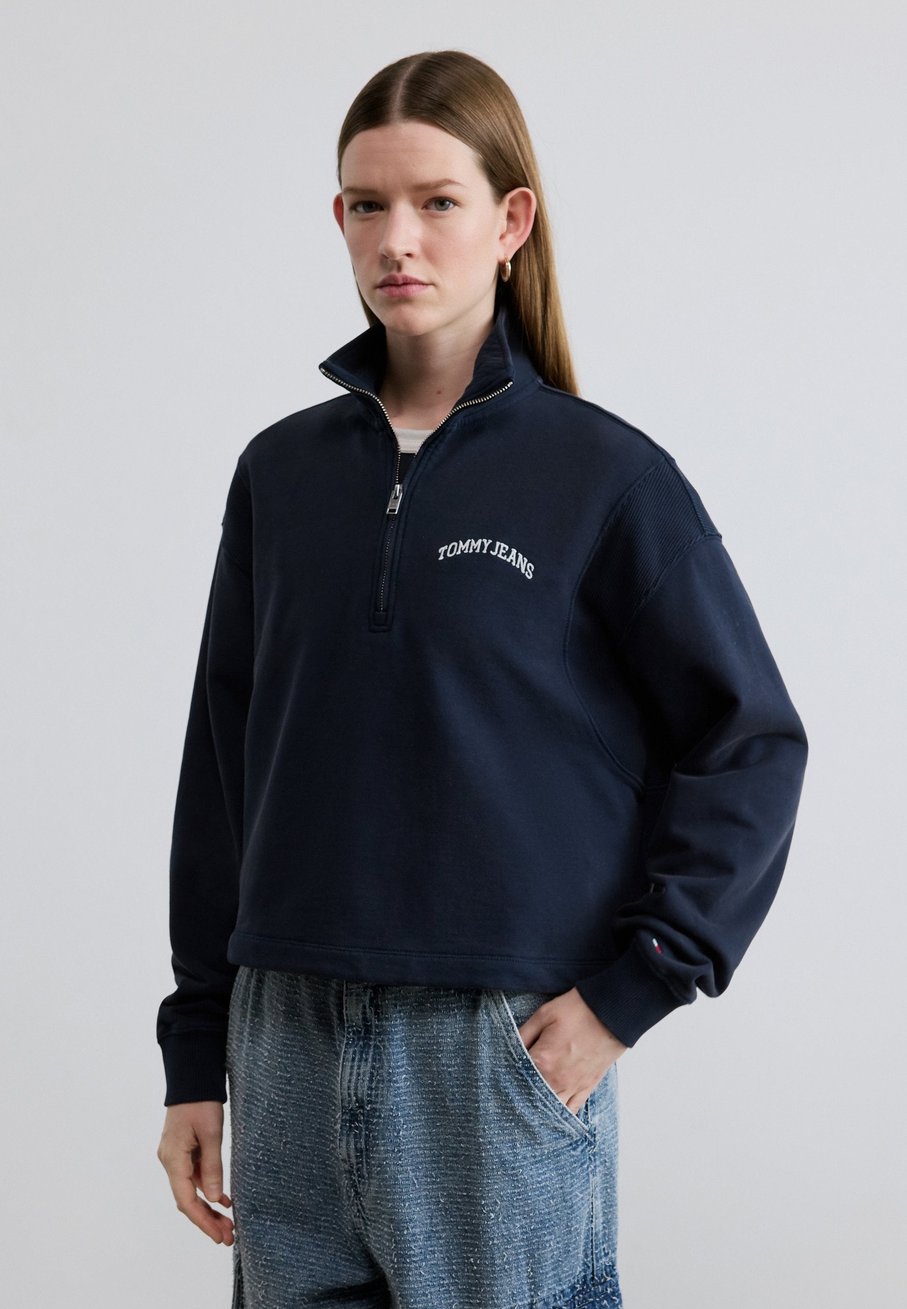 LOGO NAKIŞLI RAHAT YARIM FERMUARLI SWEATSHIRT - Sweatshirt - koyu lacivert