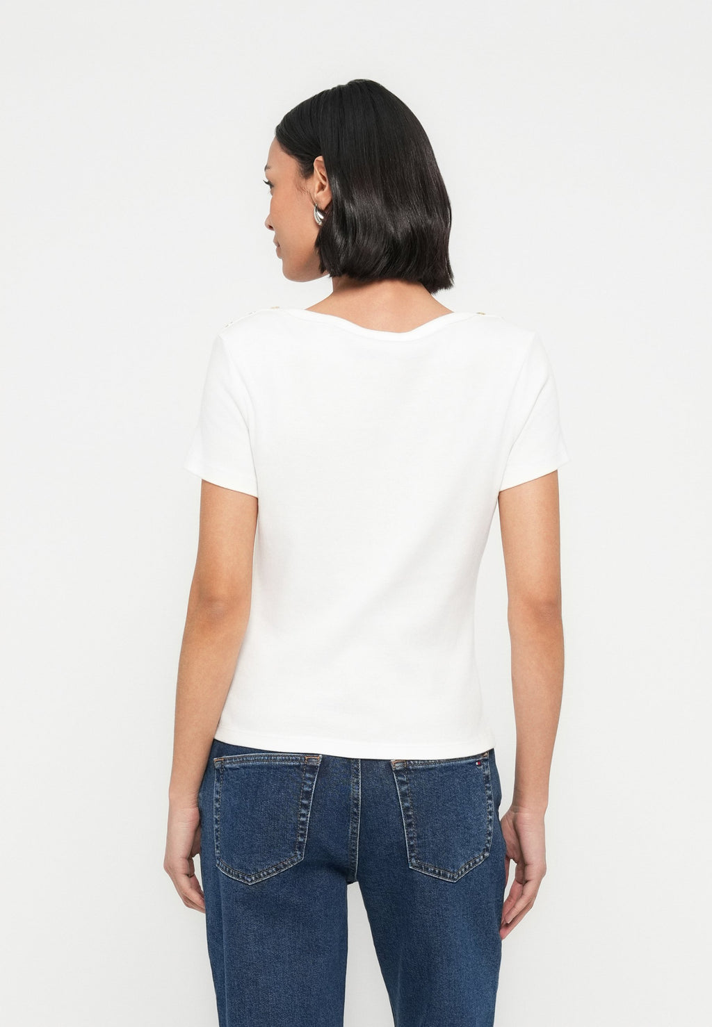GOLD-TONE BUTTON SLIM BOAT NECK T-SHIRT - Print T-shirt - ecru