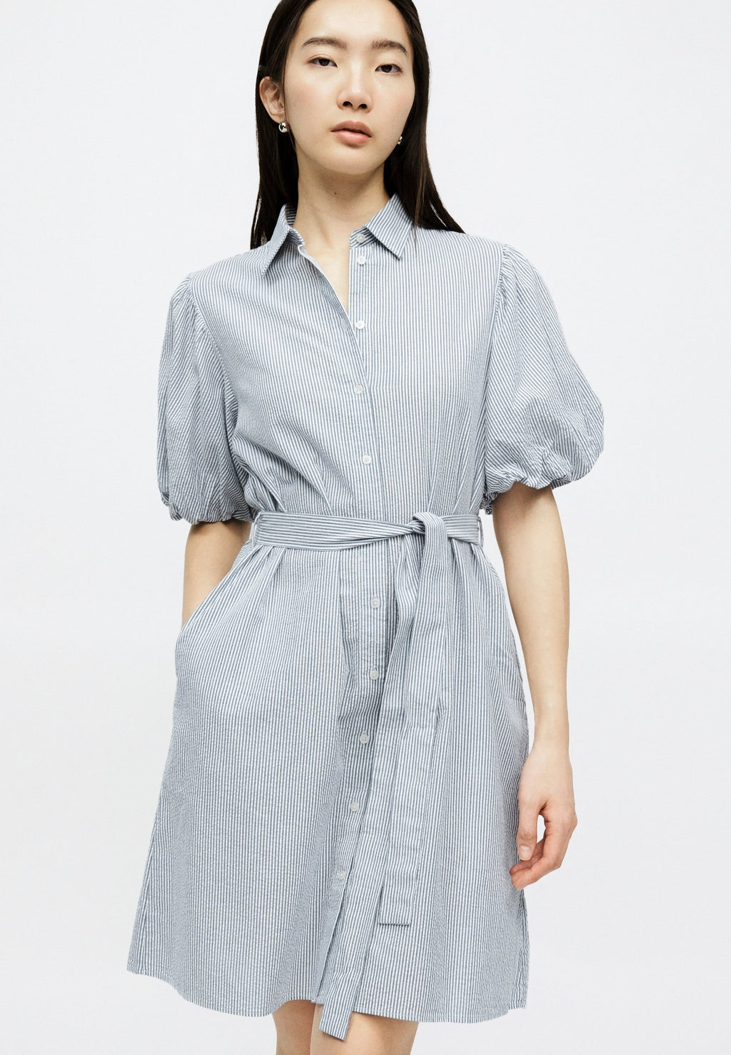 SEERSUCKER PUFF SLEEVE DRESS - Shirt dress - evening blue