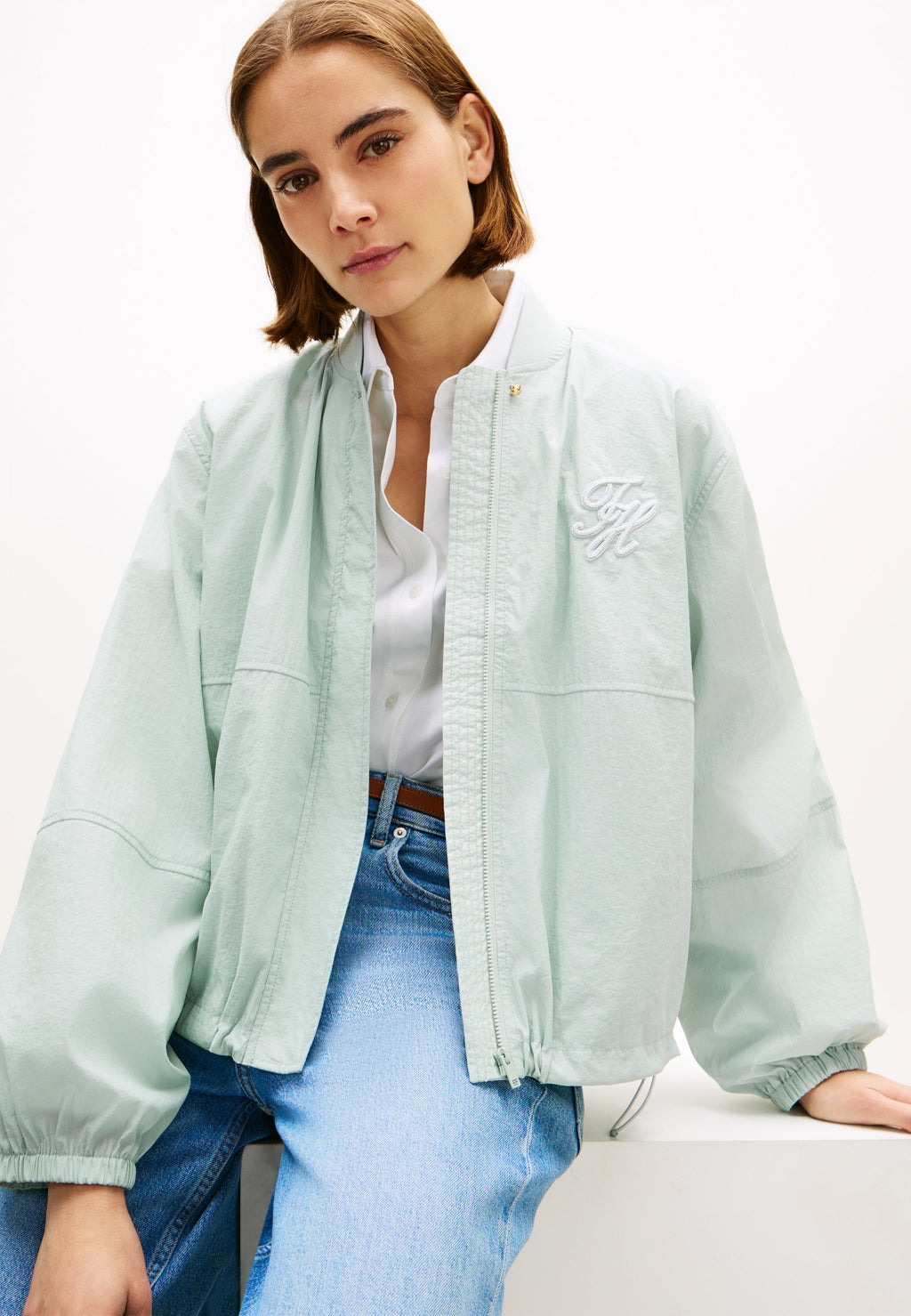 LOGO EMBROIDERY BALLOON SLEEVE BOMBER JACKET - Bomber Jacket - light blue