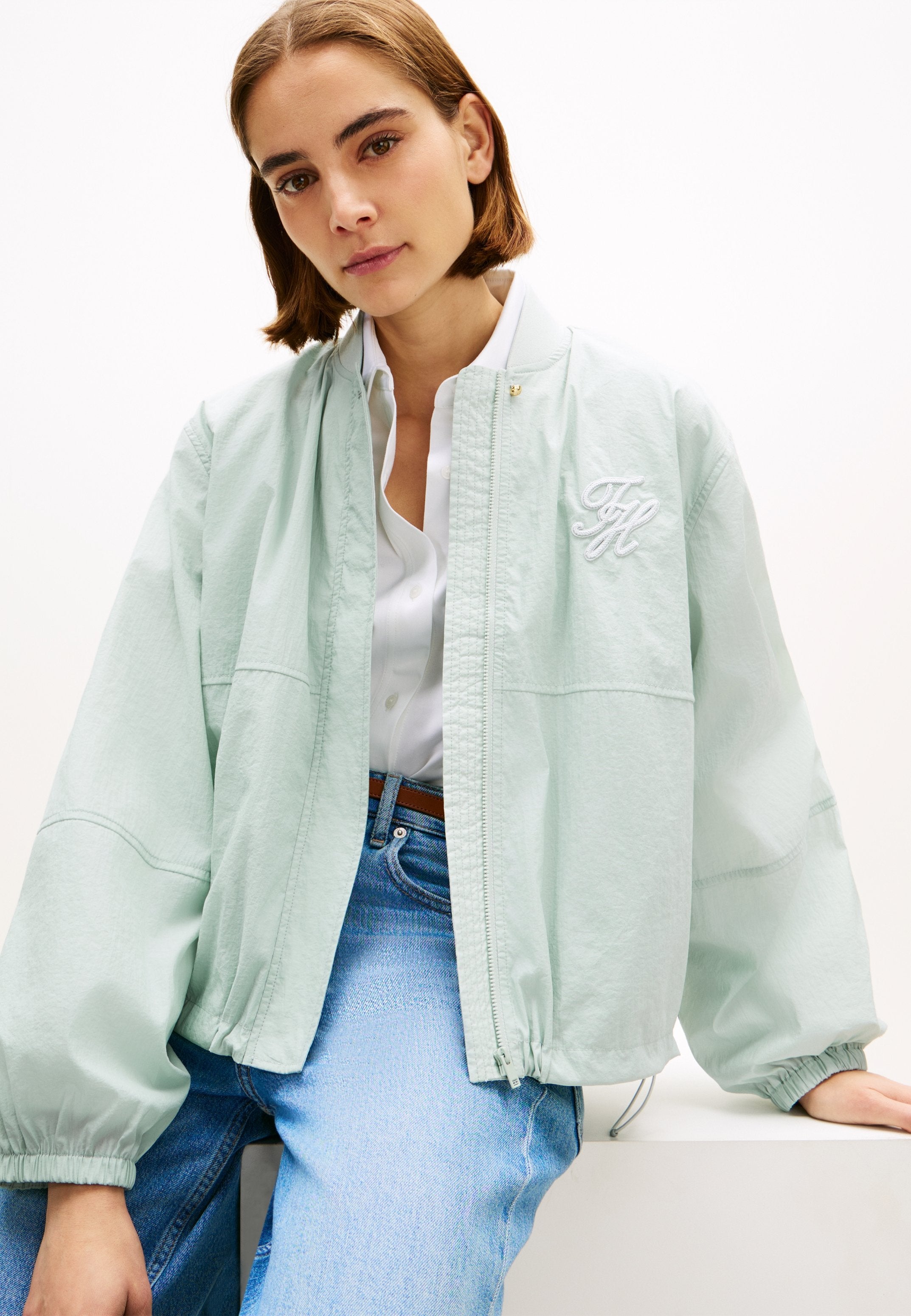 LOGO EMBROIDERY BALLOON SLEEVE BOMBER JACKET - Bomber Jacket - light blue