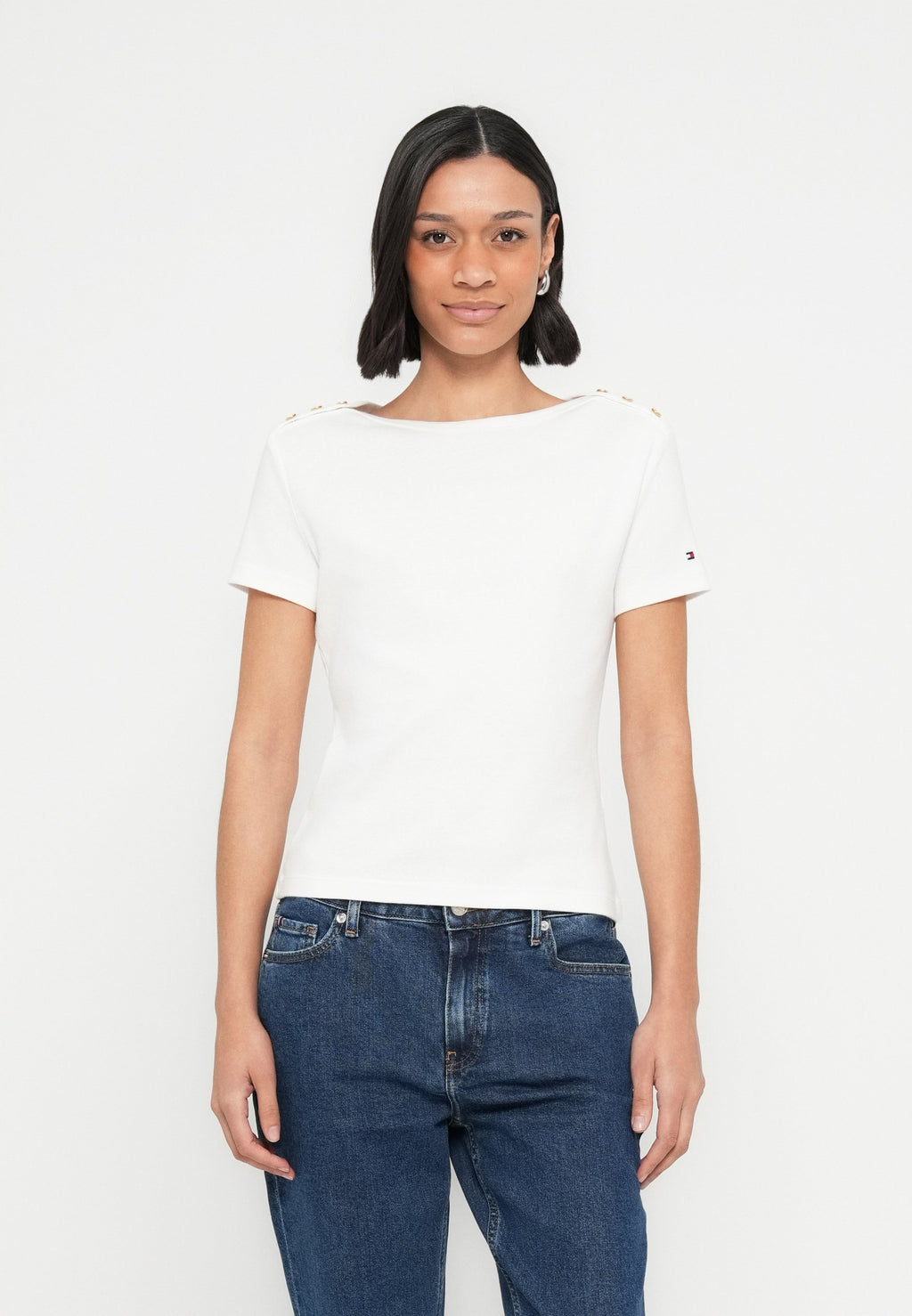 GOLD-TONE BUTTON SLIM BOAT NECK T-SHIRT - Print T-shirt - ecru
