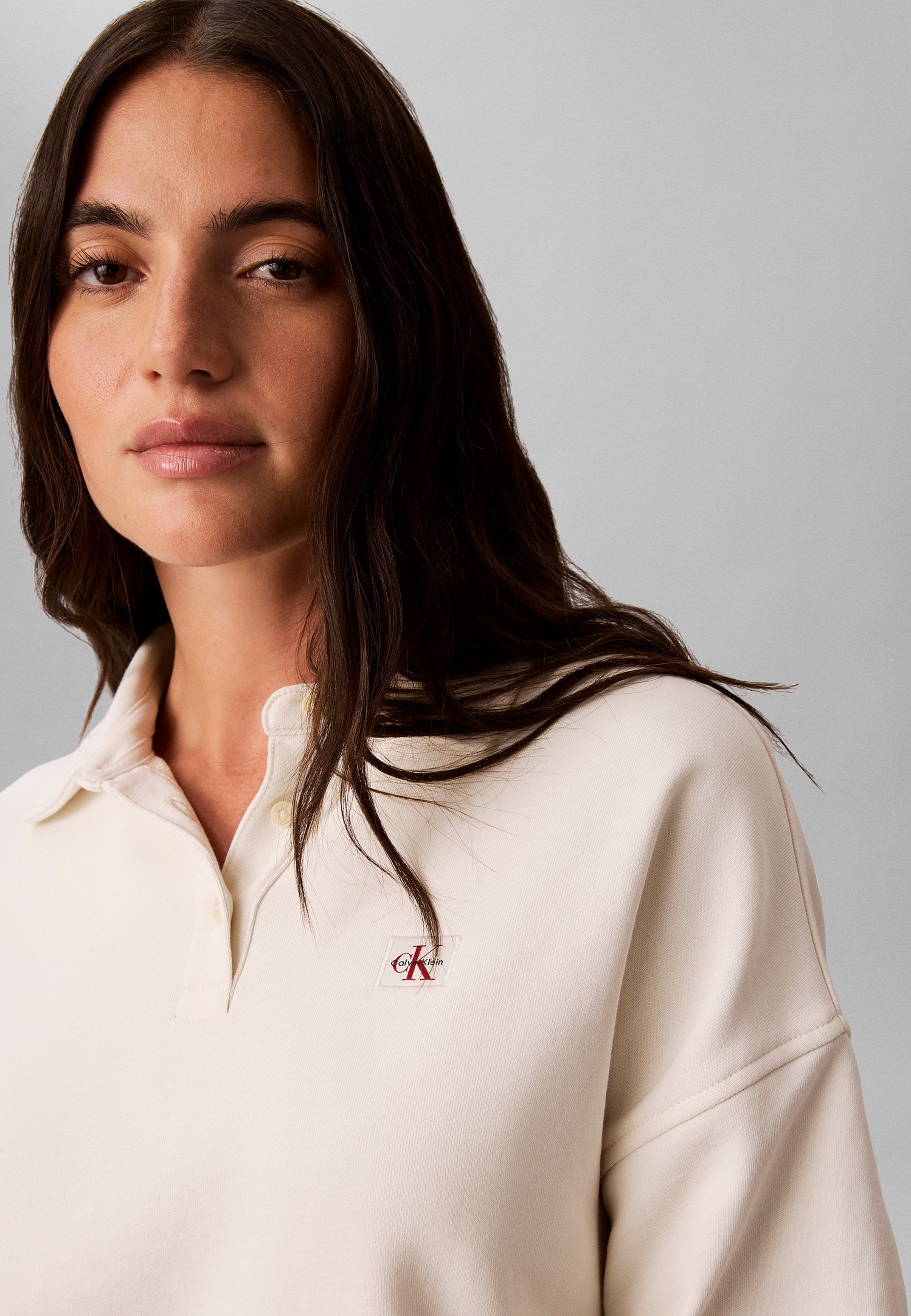 LS RLXD WOVEN LABEL TERRY POLO - Polo tişört - ekru