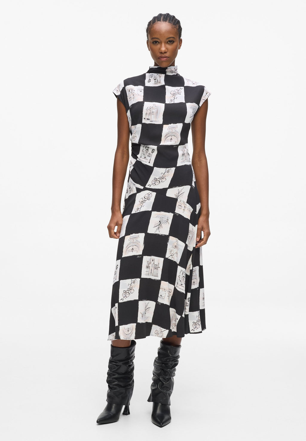 HIGH NECK MIDI - Day dress - sketch checkerboard aop