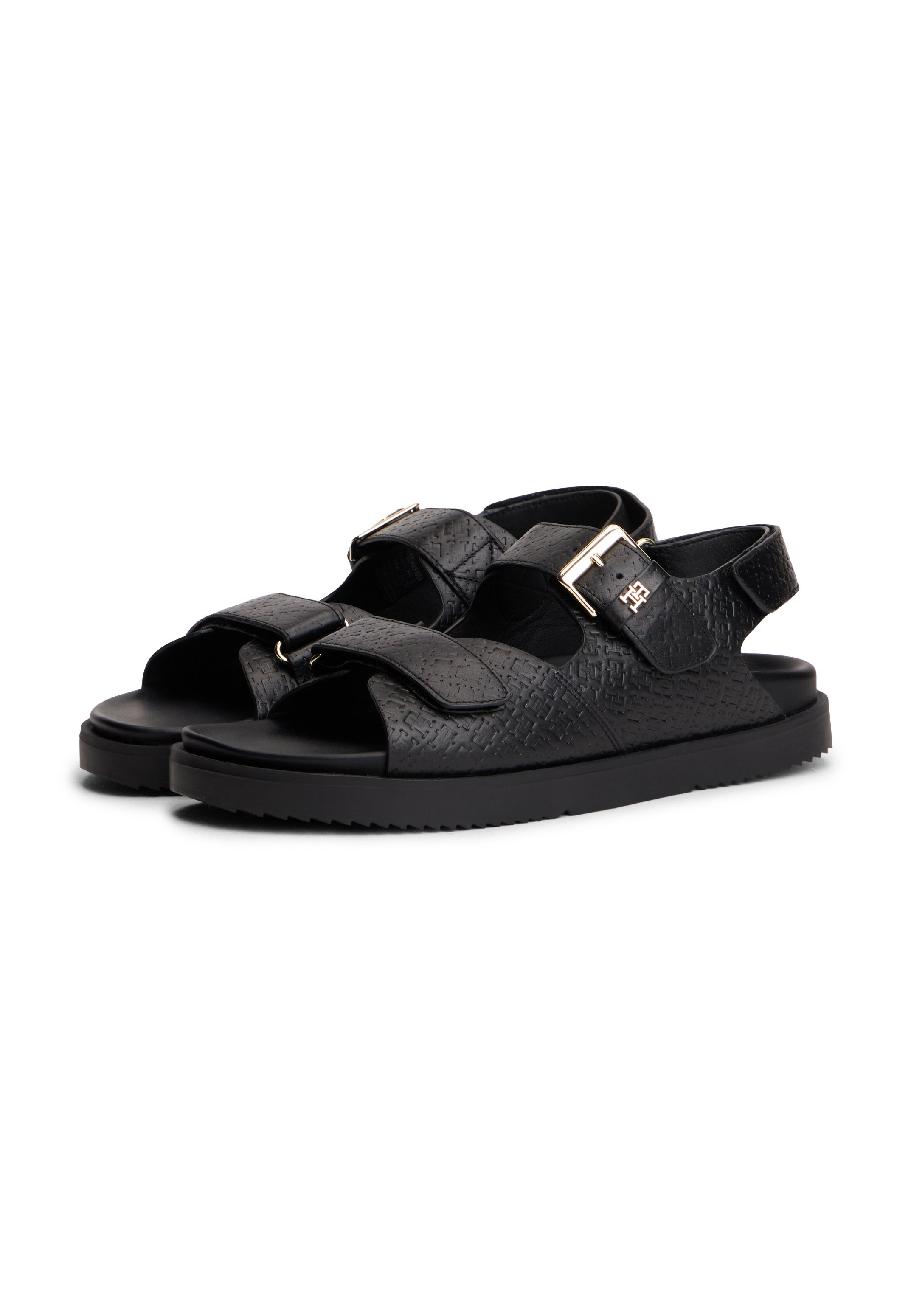 LEATHER DOUBLE STRAP BUCKLE SANDALS - Sandals - black