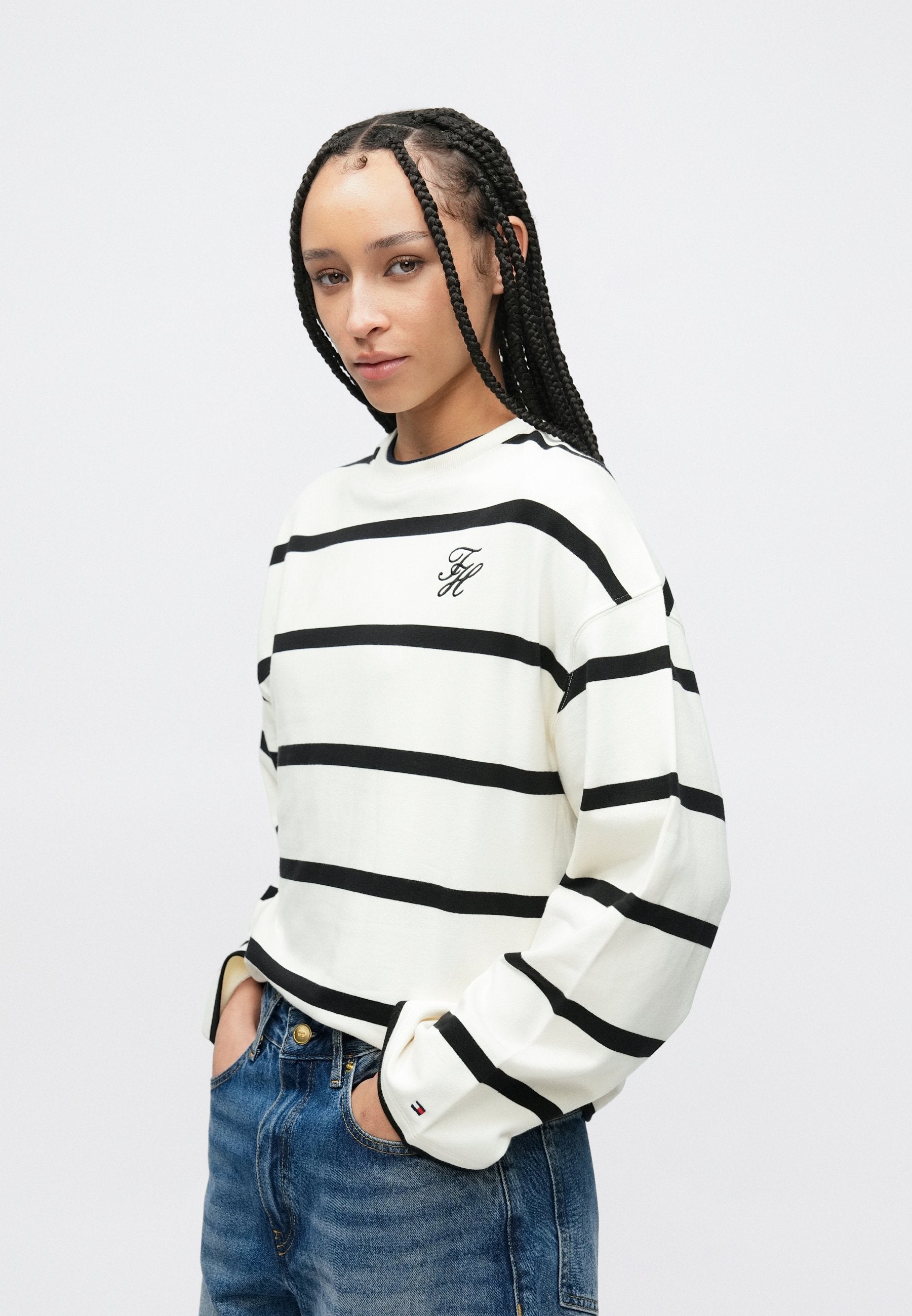 LOGOLU NAKIŞLI HAVLU KUMAŞ MÜRETTEBAT YAKA SWEATSHIRT - Sweatshirt - ham bez/siyah