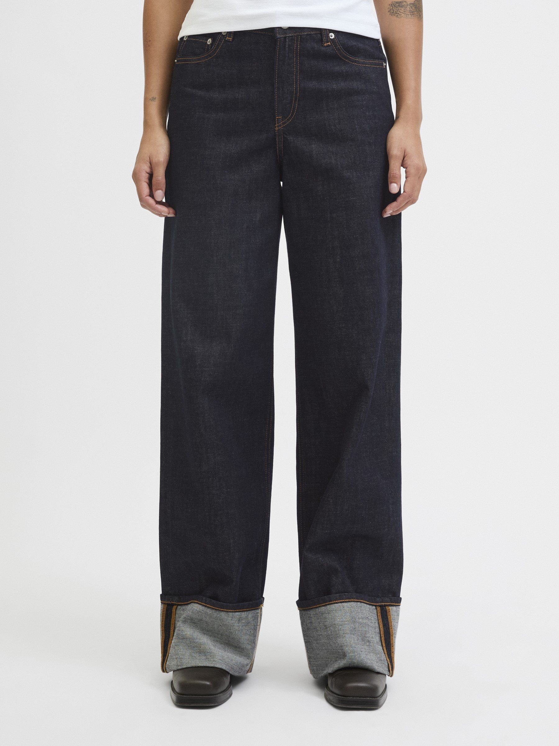 Wide-fit JXTOKYO VEGA WIDE HW FOLD UP R269 DNM - Wide Leg - dark blue denim