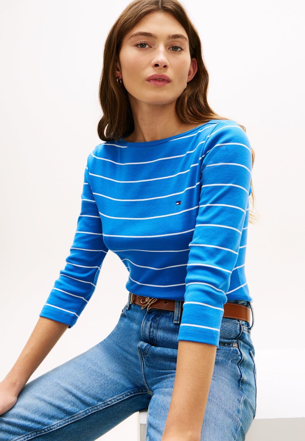 BOAT NECK THREE-QUARTER SLEEVE T-SHIRT - Long sleeved top - blue orbit/ecru