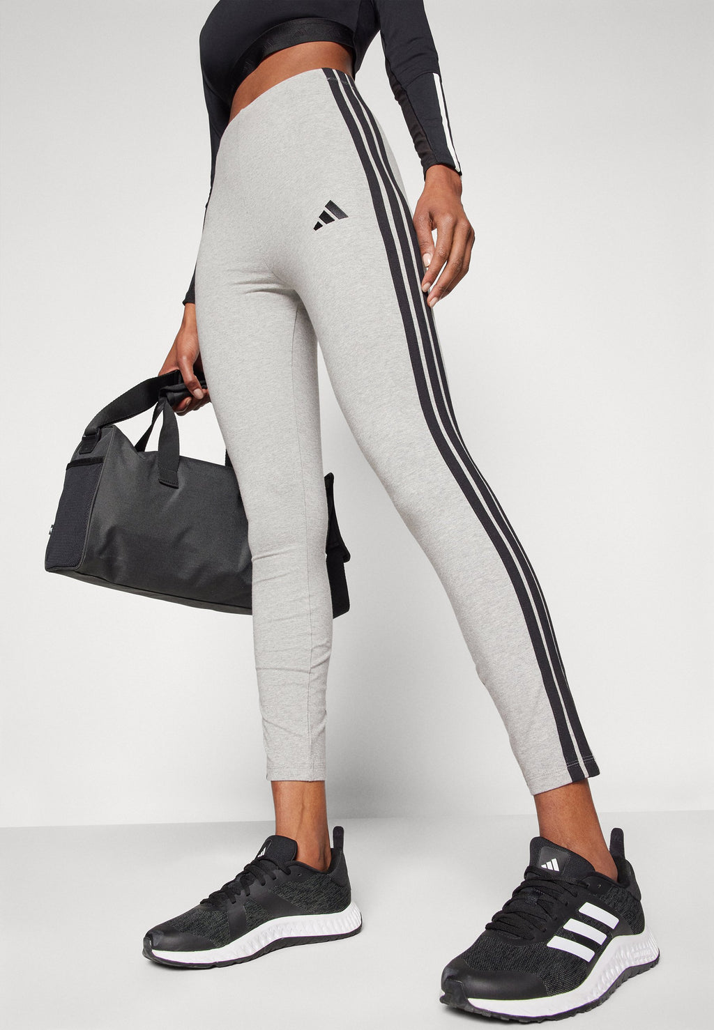 ESSENTIALS 3 STRIPES - Leggings - medium grey heather/black