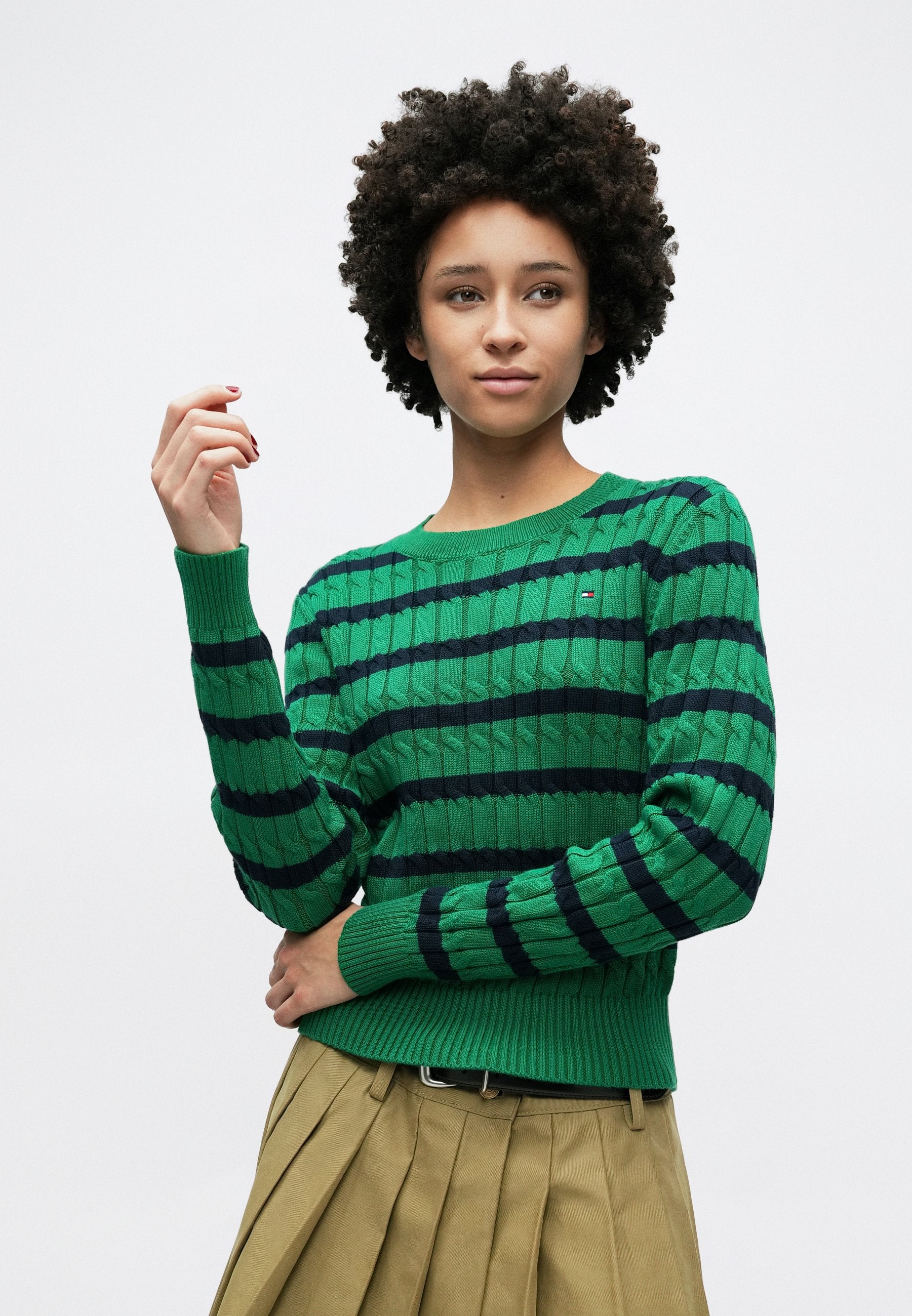 CABLE KNIT CREW NECK JUMPER - Jumper - nouveau green/navy breton