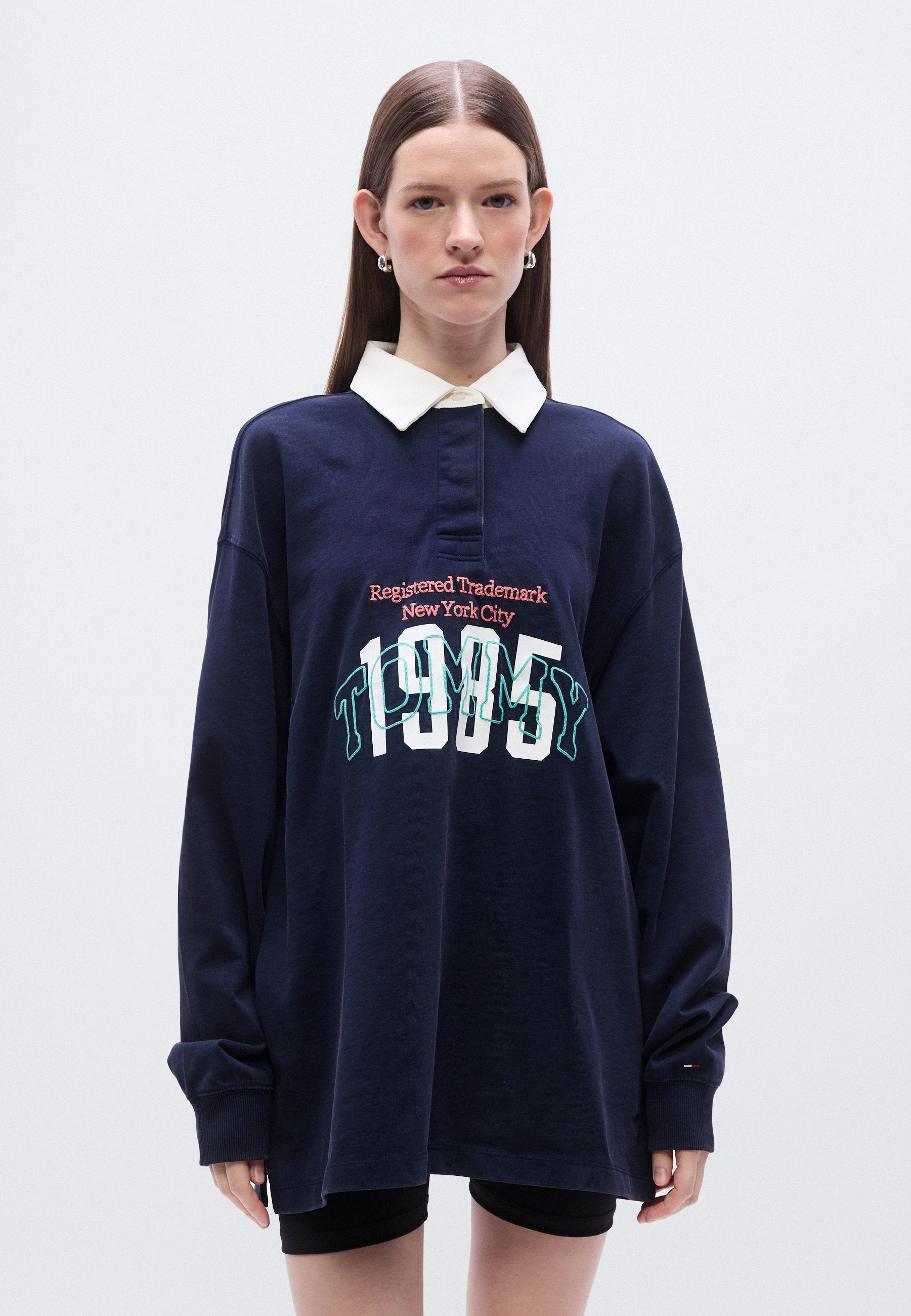 LOGO NAKIŞLI JERSİ OVERSIZE RAGBİ GÖMLEK - Polo yaka - lacivert