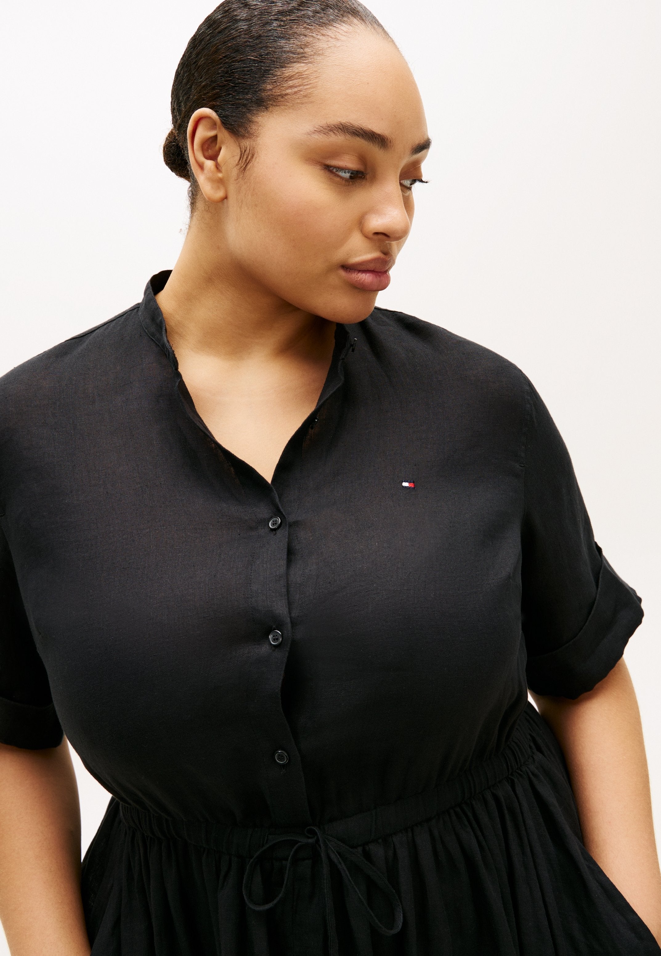 CURVE PRINT PURE LINEN MIDI SHIRT DRESS - Shirt dress - black
