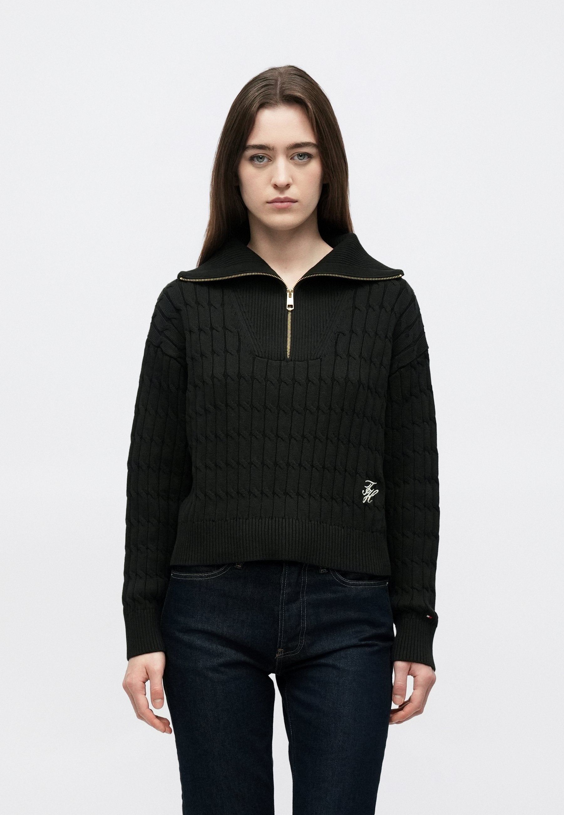 RELAXED CABLE KNIT HALF-ZIP JUMPER - Jumper - black