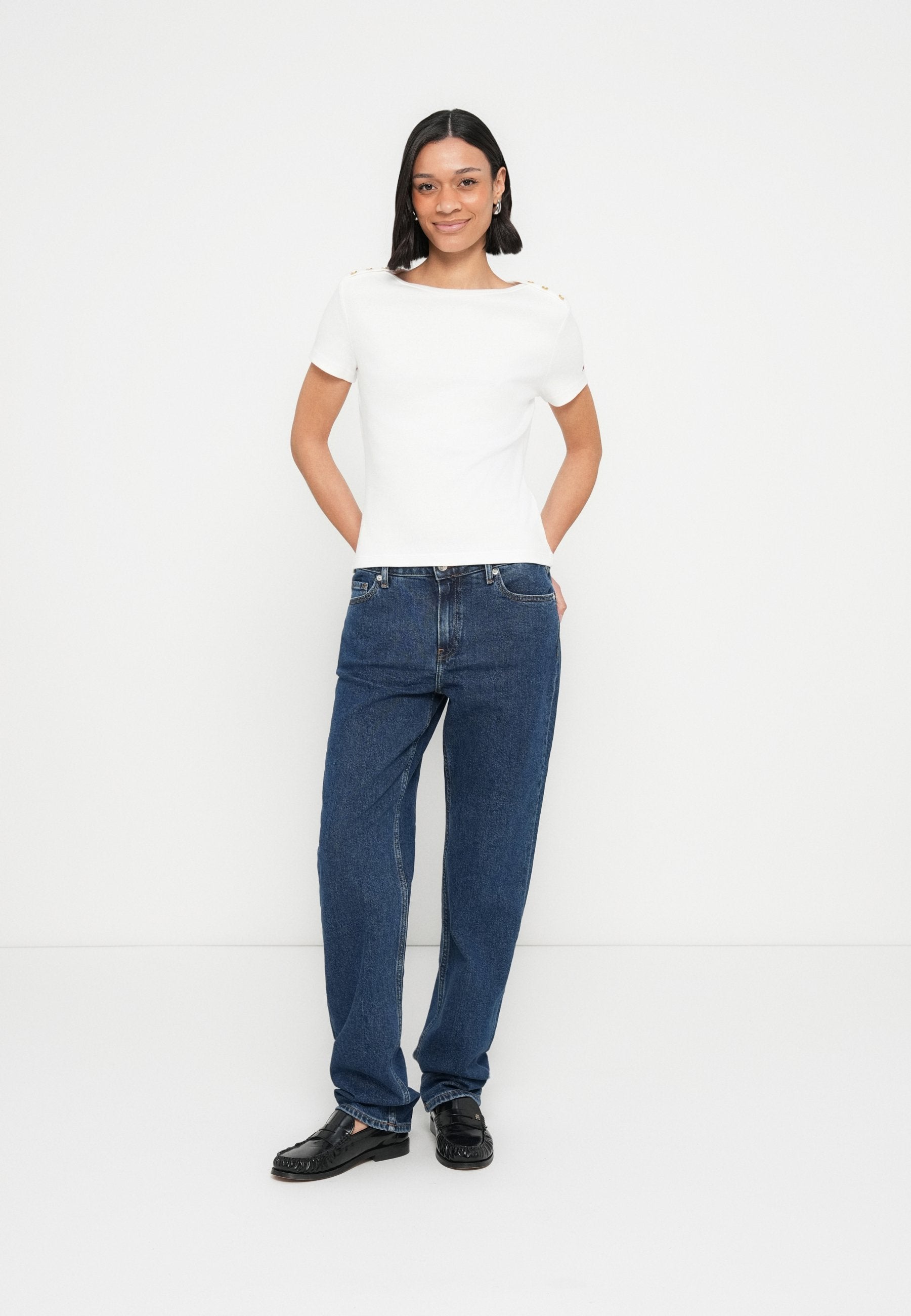GOLD-TONE BUTTON SLIM BOAT NECK T-SHIRT - Print T-shirt - ecru