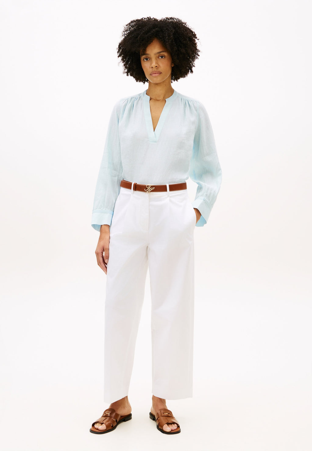 BLOUSE COL EN V EN PUR LIN COUPE AMPLE - Blouse - bleu souvenir