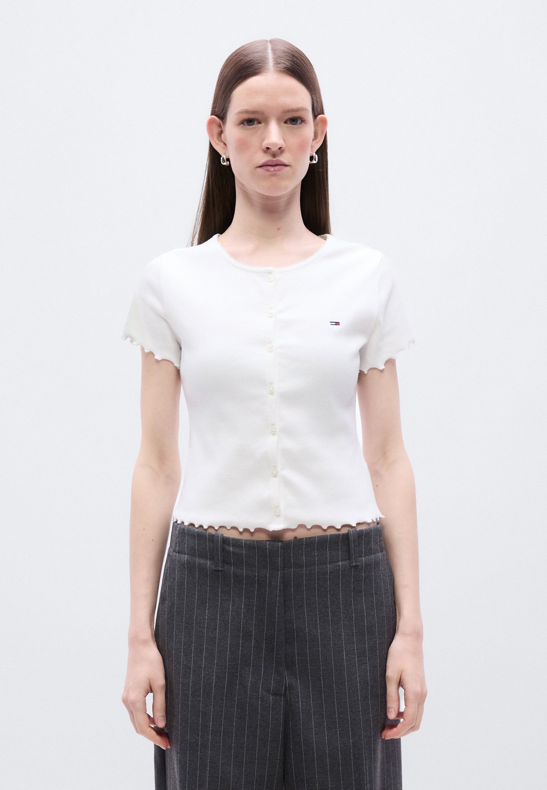 RUFFLE TRIM RIBBED SLIM TOP - Print T-shirt - ecru