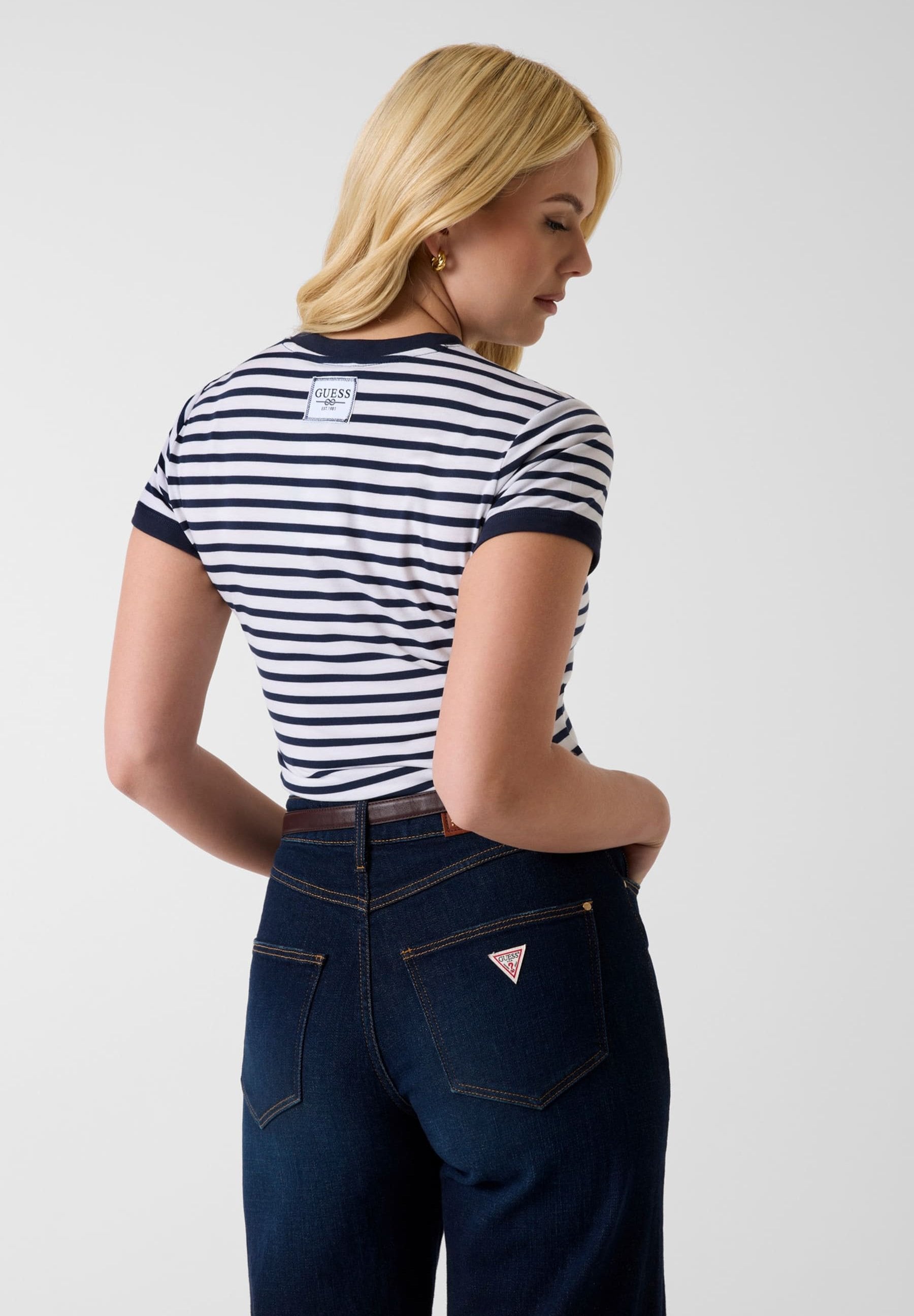 STRIPED MINI LOGO - Print T-shirt - blackened blue and w