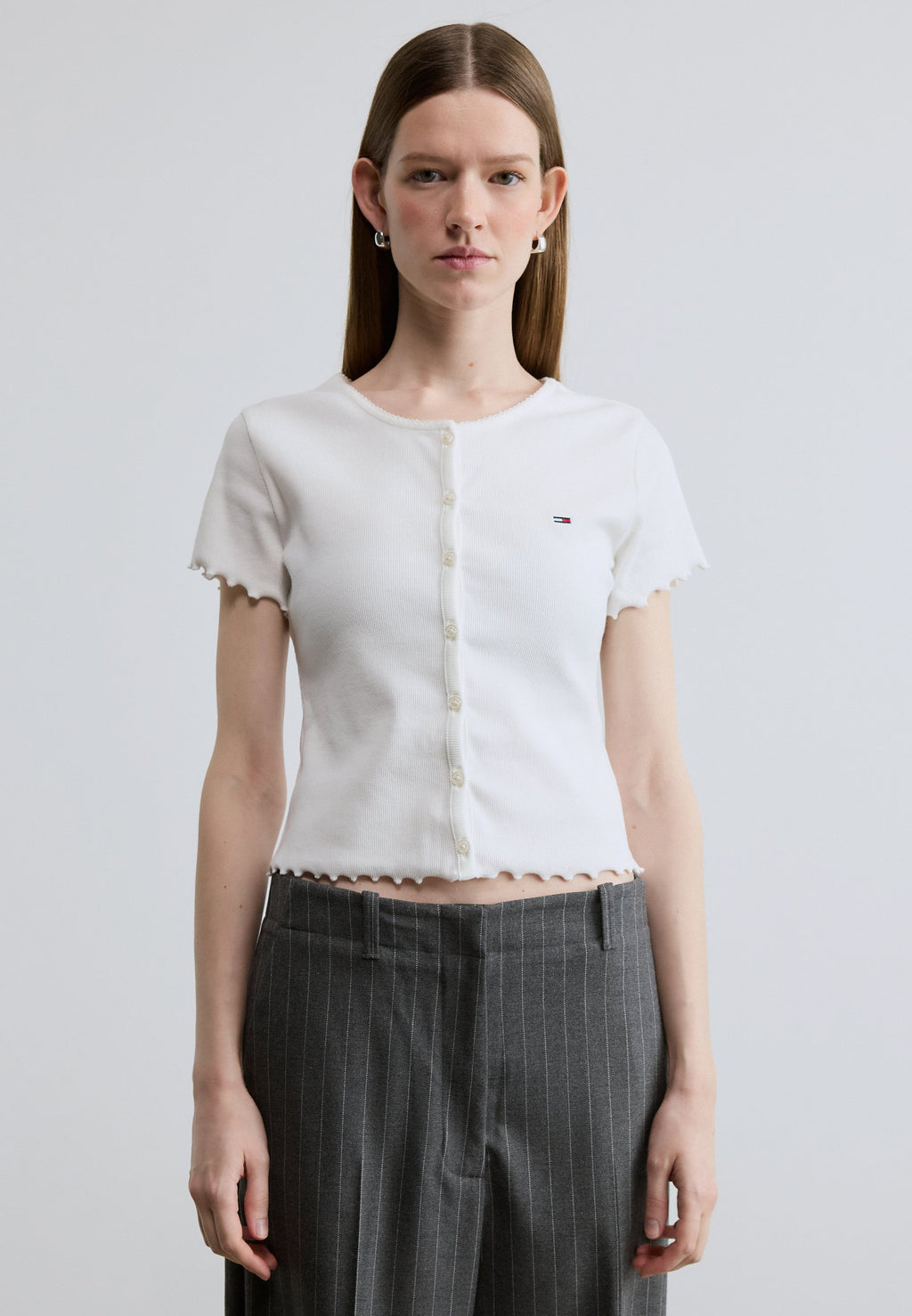 RUFFLE TRIM RIBBED SLIM TOP - Print T-shirt - ecru