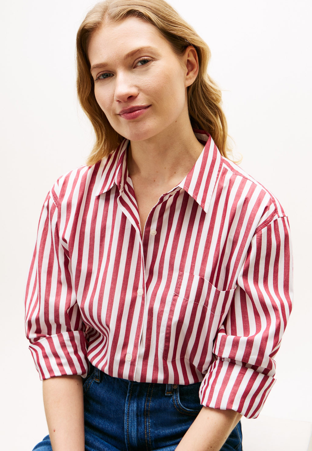 CLASSIC OVERSIZED FIT POPLIN SHIRT - Button-down blouse - ecru/liberty red